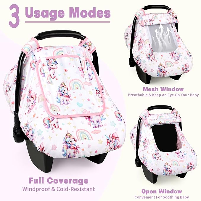 Car Seat Cover Baby, HNHUAMING Infant Car Seat Covers Canopy for Baby Girl Boy, Cozy & Windproof Unicorn Newborn Carseat Covers Minky Dot Backing Stroller Cover with Breathable Mesh Window, Rainbow