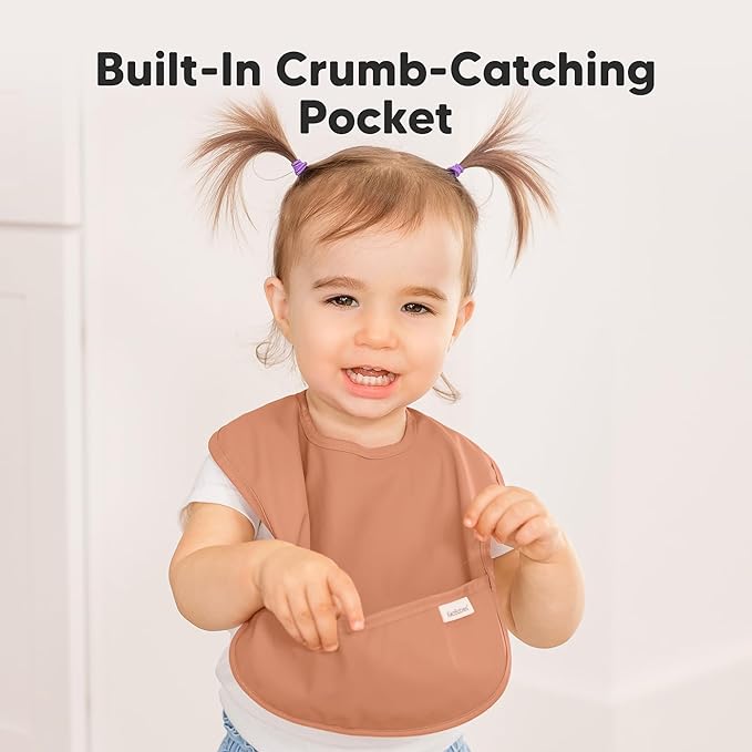 KeaBabies 3-Pack Waterproof Baby Bibs for Eating - Lightweight Toddler Feeding Bibs with Large Food Catcher, Mess Proof, Food-Grade Baby Eating Essentials, Easy to Put On & Clean (Fawn)