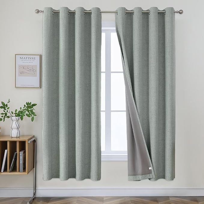 Joydeco Sage Green Curtains Blackout 72 Inch Length, Linen 100% Blackout Curtains for Bedroom 2 Panels Set, Thermal Burlap Grommet Room Darkening Drapes for Living Room (42x72 inch, Sage Green)