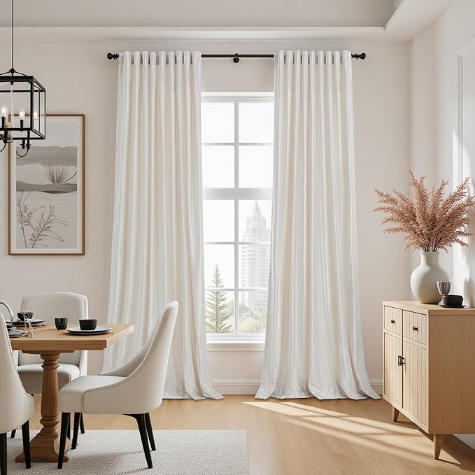 100% Blackout Ivory Off White Velvet Curtains 108 inch Long for Living Room,Set of 2 Panels Liner Rod Pocket Back Tab Thermal Window Drapes Room Darkening Heavy Decorative Curtains for Bedroom