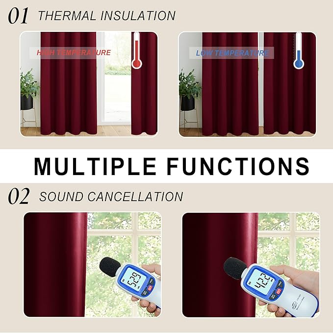 XWZO 100% Blackout Curtains with Tiebacks- 2 Thick Layers Completely Shaded Thermal Insulated Lined Window Drapes for Bedroom/Patio Door, Rod Pocket & Back Tab, Burgundy, W52 x L84, Set of 2 Panels