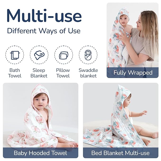 Muslin Hooded Baby Towels 2 Pack, Ultra Soft & Absorbent Baby Bath Towels, Bath & Beach Essentials, Shower Gifts for Newborns, Babies, Infant, Toddler - 32x32 Inch (Peach & Watermelon)