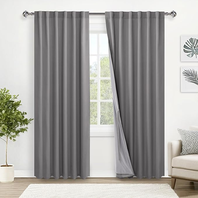 XWZO 100% Blackout Curtains 84 Inches Long with Tiebacks- Privacy Protection & Noise Blocking Window Panels for Bedroom/Living Room, Rod Pocket & Back Tab, Grey, W52 x L84, Set of 2