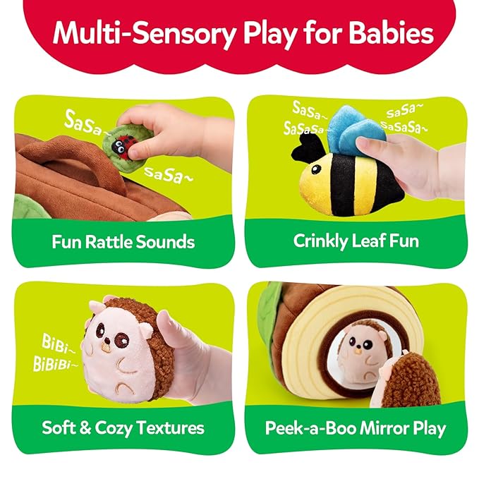 Baby Toys 6-12 Months - Soft Plush Jungle Stuffed Animal Sensory Set with Rattle, Squeaker & Mirror, Montessori Cause & Effect Toys, Newborn Gift for Baby Boys and Girls