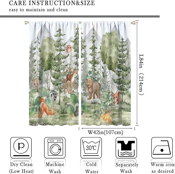 Kids Forest Animal Curtains,Fox Elk Bird Animal Watercolor Woodland Print Curtains Kids Nursery Bedroom Living Room Home Decoration 84x84 Inch