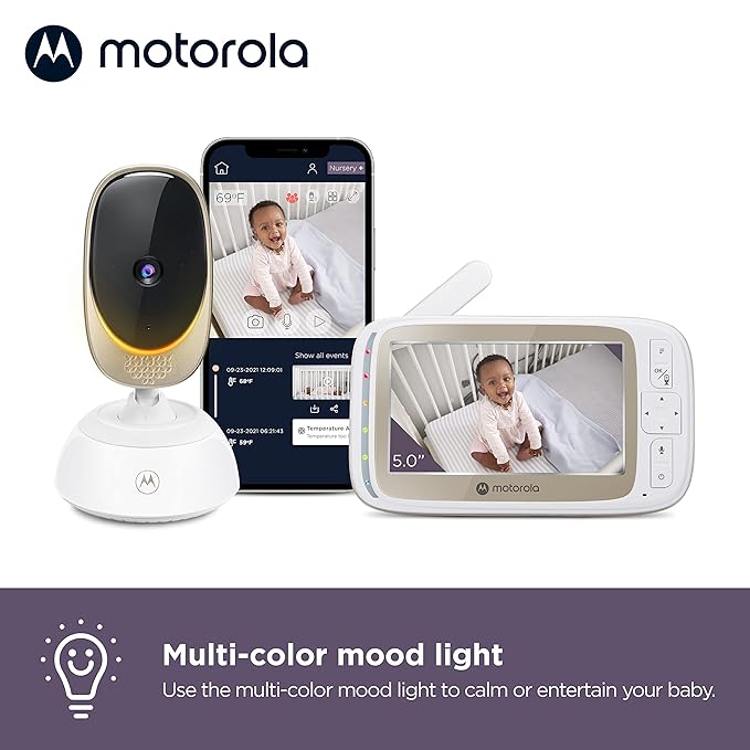Motorola Nursery WiFi Video Baby Monitor with Camera and Audio, 5" Screen, HD Camera, Remote Pan-Tilt-Zoom, Smartphone App Access, 2-Way Talk, Night Vision, Temperature and Motion Alerts - VM85