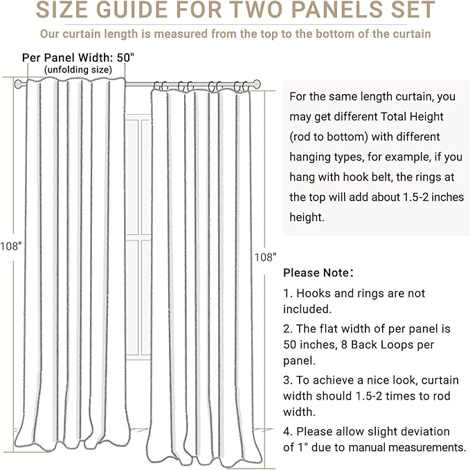 100% Blackout Shield Polyester Blackout Curtains for Bedroom 108 Inches Long, Back Tab/Rod Pocket Living Room Drapes, Thermal Insulated Blackout Curtains 2 Panels Set, 50" W x 108" L, Light Cream