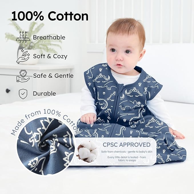 Yoofoss Baby Sleep Sack 0-6 Months 0.5 TOG Baby Wearable Blanket, 100% Organic Cotton Infant Toddler Sleeping Sack 2-Way Zipper Lightweight Sleep Sack, Grizzly