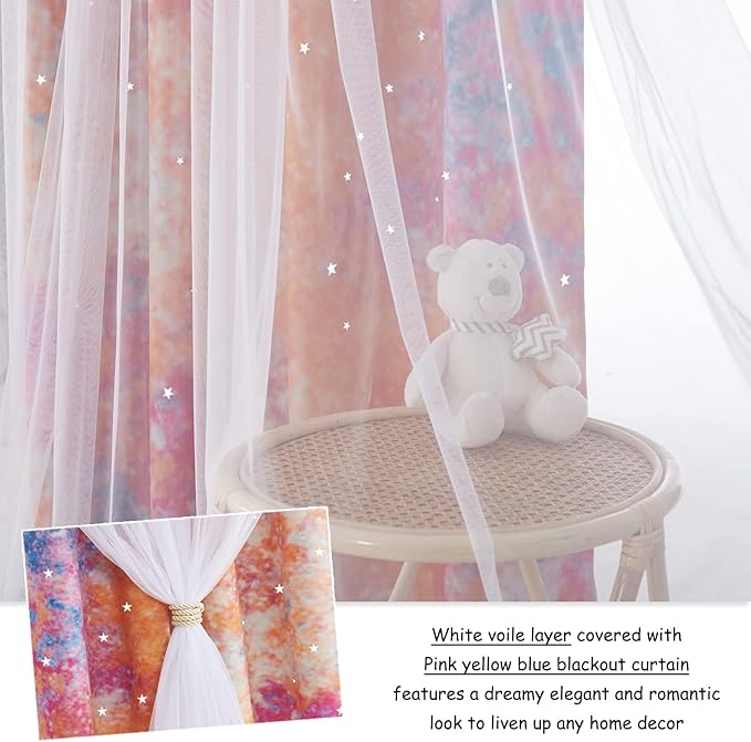 NICETOWN Rainbow Curtains - Double Layer Curtains 63 Inches Long with Sheer Grommet Nursery Blackout Star Hollow-Out Window Panels for Living Room, 52" W, 1 Pair, Yellow & Pink