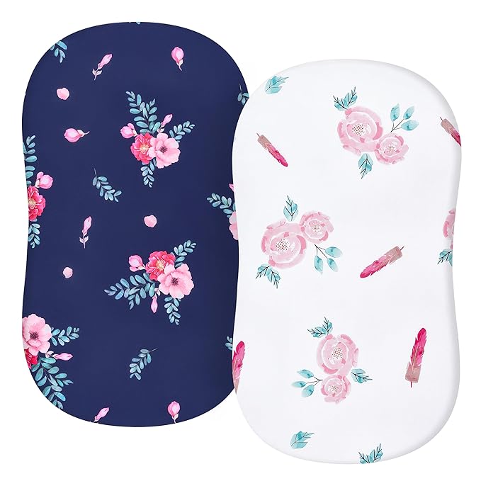 TILLYOU Baby Bassinet Sheets for Girls Boys 2 Pack Baby Sheets for Square Rectangle Oval Bassinet Mattress 33X16 Inch, Floral Flowers