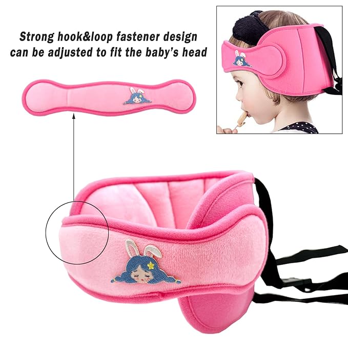 Child Car Seat Head Support Band - Baby Head Neck Relief Safety Headrest - Adjustable Toddler Carseat Head Holder Head Strap - Baby & Kids Travel Accessories with Cute Cartton Pattern, Pink
