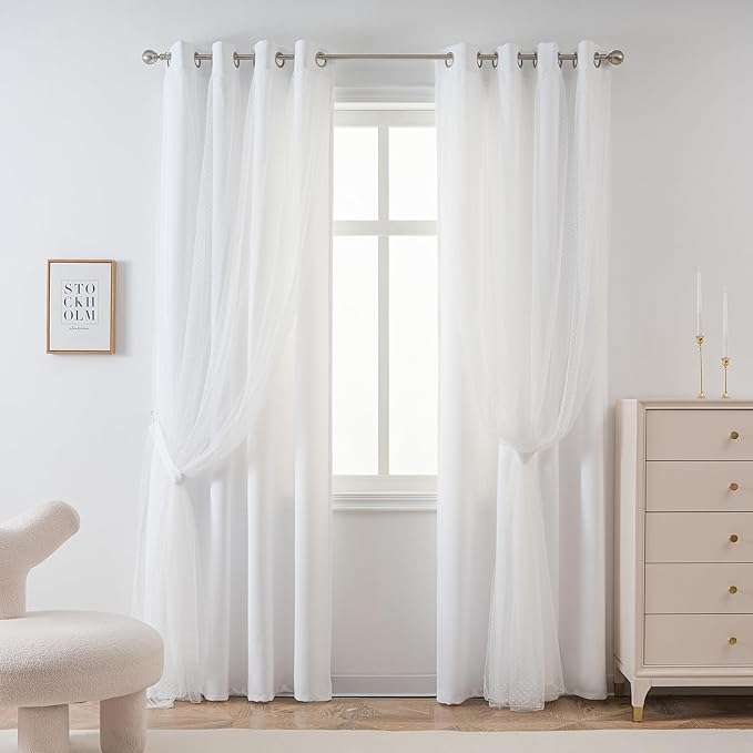 MYSKY HOME White Curtains for Girls Bedroom & Nursery Kids Cute 90 Inch Curtains Double Layer with Polka Dots Sheer, Grommet Tops, 52" Wide Each Panel, 2 Panels