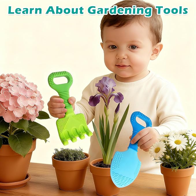 Gardening Tool Baby Teething Toys - Shovel & Rake Silicone Teethers for Babies 3-12 Months, Freezer-Safe Chew Toys for Teething Relief & Sensory Development, Ideal Stocking Stuffers & Christmas Gifts