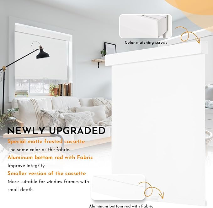 Persilux Blackout Roller Blinds for Indoor Windows, Cordless Roller Shades with Valance, Thermal Insulated Fabric Window Shades & Blinds, UV Protection Shades for Home and Bedroom (White,34"W x 72"H)