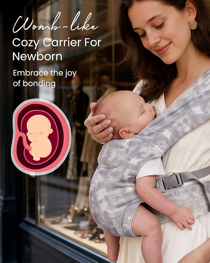 HEYVALUE Baby Carrier Newborn to Toddler(7-35lbs), Ergonomic Cross-Back Wraps with Adjustable Straps, Newborn Carrier with Effortless Put-On, Head Support for Hands-Free Comfort, TieDyeGray