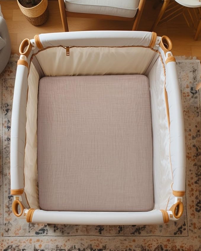 Pack and Play Sheets for Baby Boys and Girls 39"x27"x3", Neutral Muslin Cotton Pack N Play Mattresses Sheet with Boho Style, Soft and Breathable Comfort (Brick)