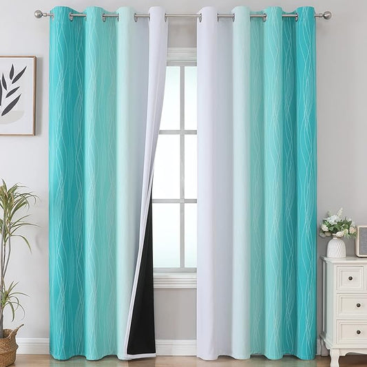 Estelar Textiler Full Room Darkening Greyish White and Teal Blackout Curtains 96 Inch Length 2 Panels Set, Ombre Thermal Insulated Full Light Blocking Grommet Gray Blackout Drapes for Bedroom, 52Wx96L