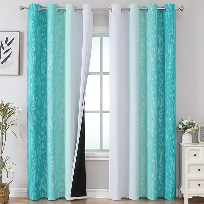 Estelar Textiler Teal and Greyish White Ombre Blackout Curtains 90 Inch Length 2 Panels Set, Thermal Insulated Drapes for Bedroom,Full Room Darkening Grommet Gradient Curtains for Living Room,52Wx90L