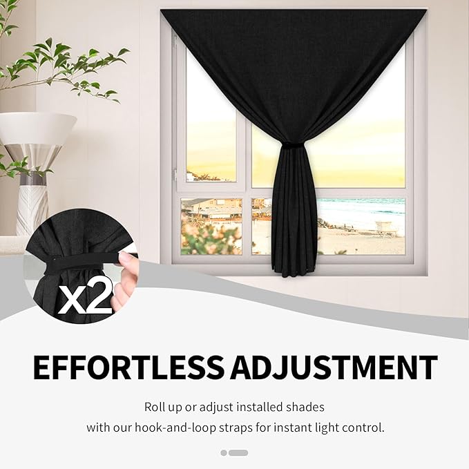 100% Upgraded Blackout Curtains for Bedroom, Rod-Free Hook&Loop Portable Blackout Shades for Travel, Black Out Window Cover No Drill Cuttable for Bedroom, Nursery, Media Room, Black, 57 * 39in