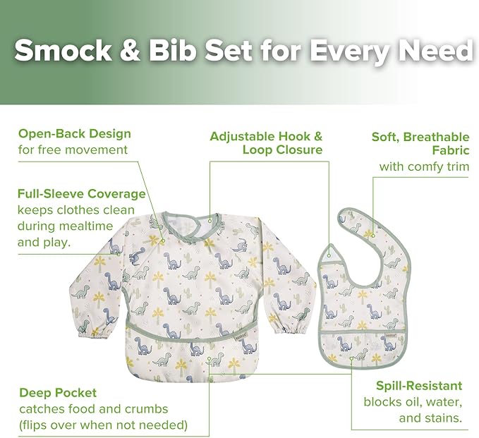 haakaa Long Sleeve Baby Bib, Waterproof & Adjustable Baby Smock Bib for Eating, Painting & Play, Easy Wipe Clean, 6–24M