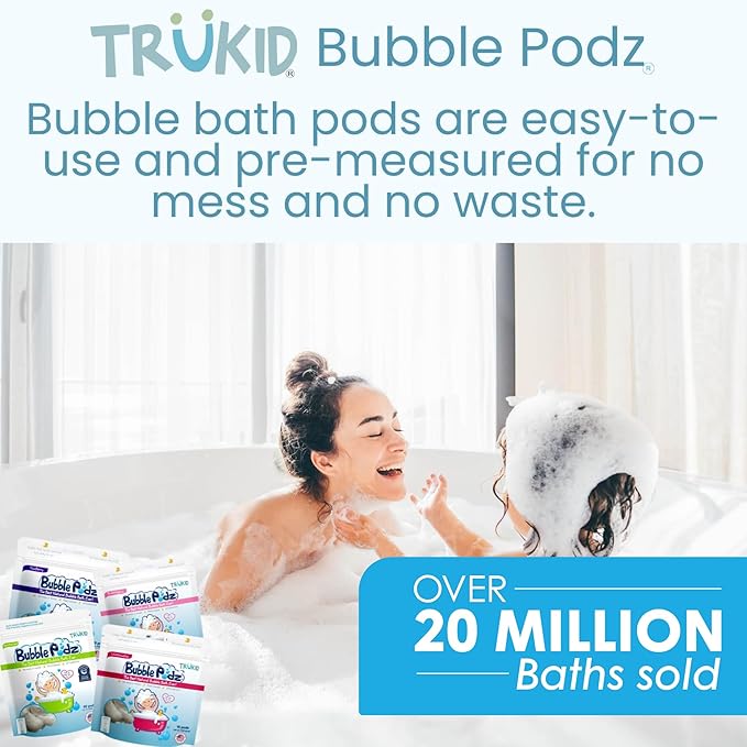 TruKid Bubble Podz Bubble Bath for Kids, Toddlers, & Babies, Tear Free Gentle & Refreshing Bath Bomb for Sensitive Skin with Natural Moisturizers, Non-Toxic, pH Balanced, Lavender Scent (10 Podz)