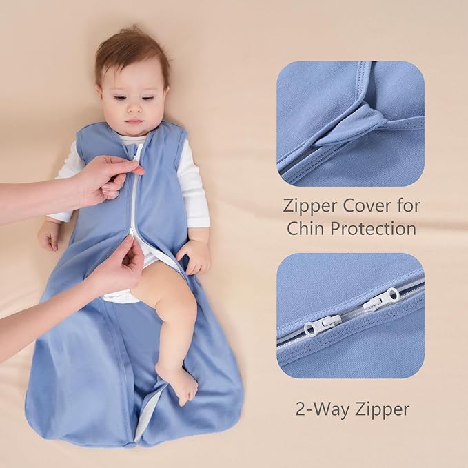FIEMOL Baby Sleep Sack 18-24 Months, 100% Cotton Sleeping Sack for Newborn and Infant, 3 Pack Baby Wearable Blanket, 0.5 Tog Lightweight Double Zipper Sleep Bag Cyan