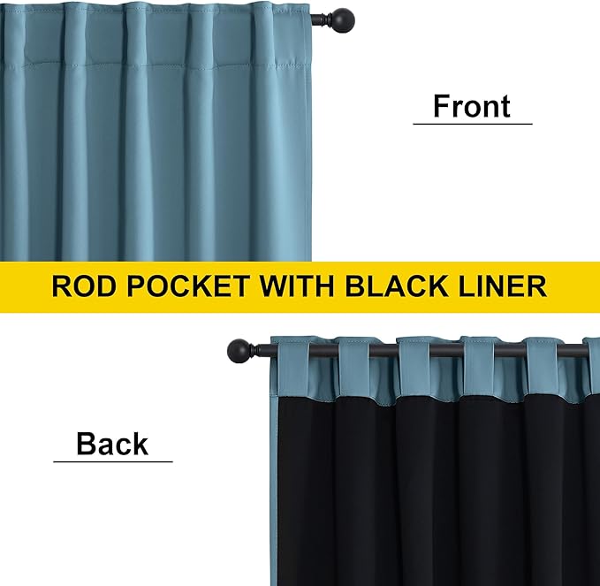 NICETOWN Smoky Blue 100% Blackout Curtains 2 Panels, 52W x 84L Inches, Double Layer Rod Pocket Back Tab Thermal Insulated Energy Efficient Drapes for Bedroom, Total Light Blocking Window Treament