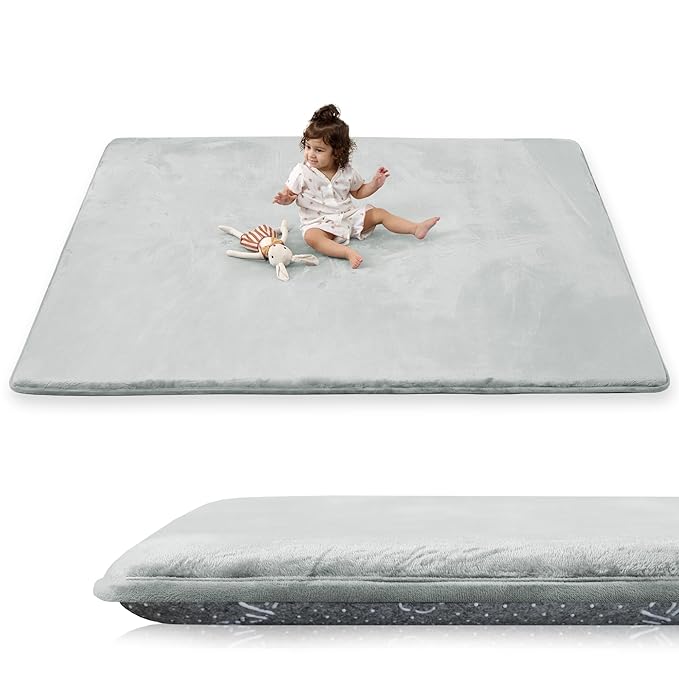 1.5" Thick Baby Play Mat for Floor, 59x79 Playpen Mat, Pro Soft Flannel Foam Mats Toddler Infant Kids Crawling for Nursery Rug Playroom Living Room Waterproof Easy Care Non-Slip (Light Grey)