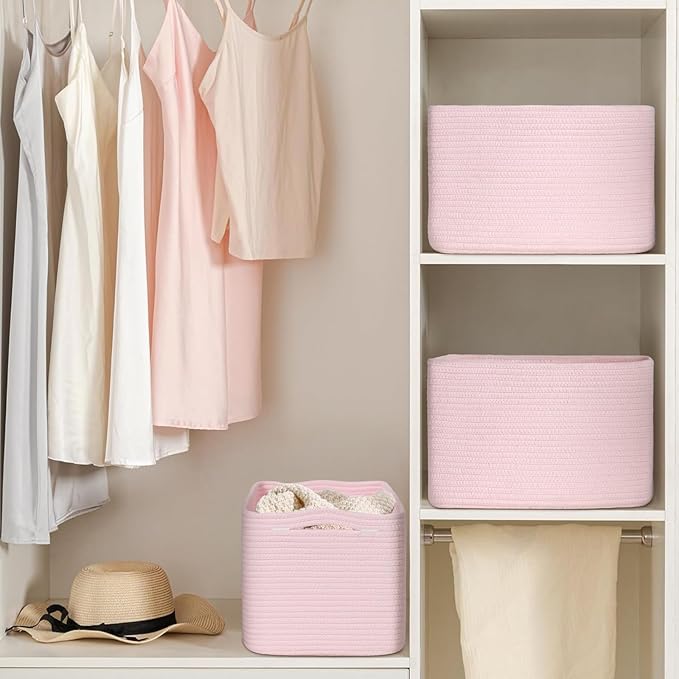 Woven Storage Baskets, Pink Baskets for Organizing, 3 Pack Woven Basket for Storage, Storage Baskets for Shelf, Towel, Toy, Book, Closet, Baby 15"×10"×9"