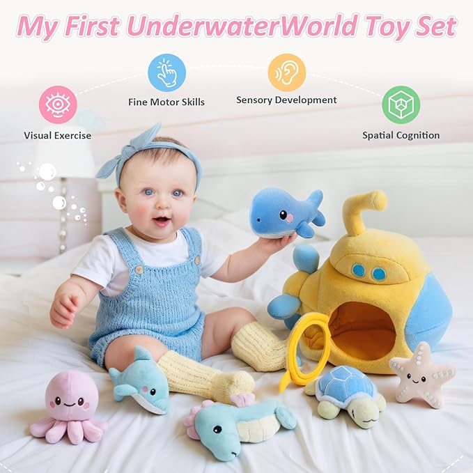 Submarine & Ocean Animals Baby Toys 6-12 Month, Sensory Toy Set with Whale, Dolphin, Starfish, Octopus, Turtle, Seahorse, Soft Montessori Toys for Infants 0-3