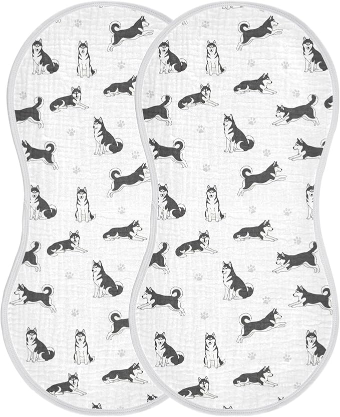 Qinllo 2 Pack Muslin Burp Cloths Husky Dogs White Cotton Baby Burp Cloths Extra Absorbent and Soft Thick Burping Cloth for Newborn Babies Boys Girls 22x11 Inch