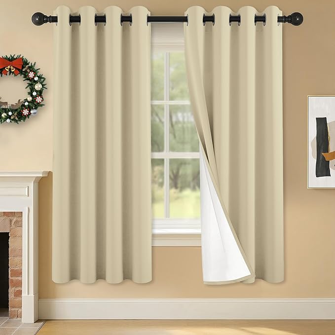 100% Blackout Curtains 63 Inch Length for Bedroom Living Room, Grommet Thermal Insulated Room Darkening Drapes, Light Blocking Window Treatment Decor, 2 Panels, 54x63, Beige