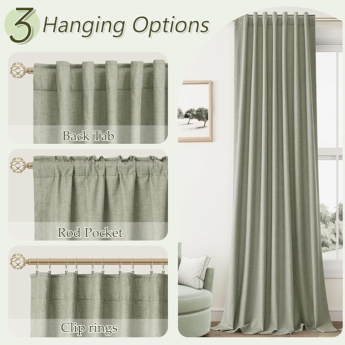 Guken Sage Green 100% Blackout Curtains 126 Inch Length 2 Panels Set for Living Room Bedroom Back Tab Thermal Insulated Black Out Linen Drapes Room Darkening Window Curtains 52x126