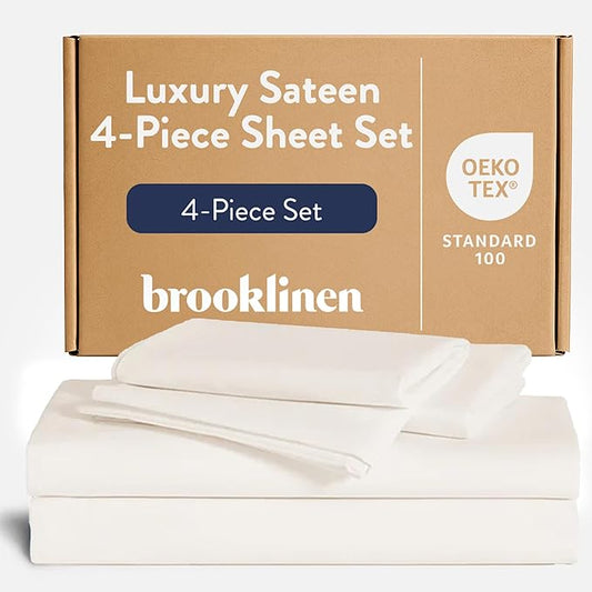Brooklinen Luxury Sateen 4 Piece Sheet Set - 100% Cotton Bed Sheets, Soft & Durable Twin Sheets Set in Cream, Oeko-TEX Certified Bedding Set, 1 Fitted Sheet, 1 Flat Sheet, 2 Pillowcases