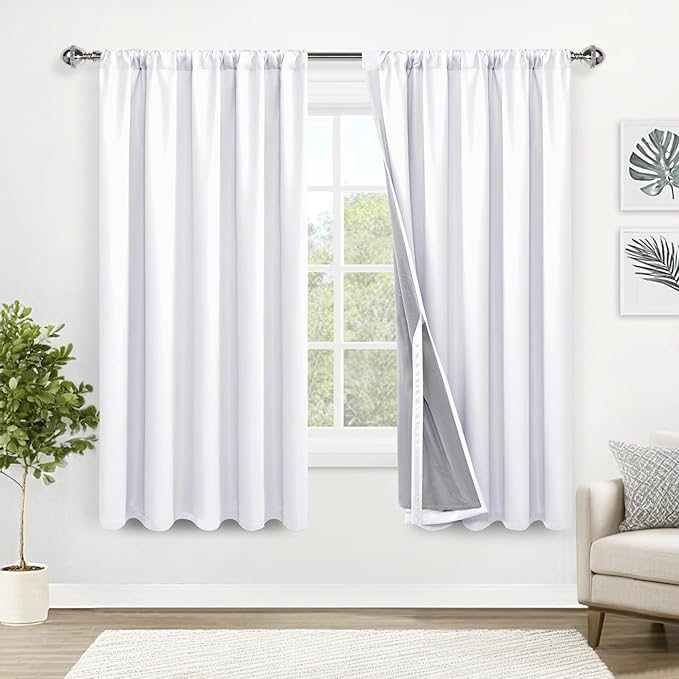XWZO 100% Blackout Curtains 63 Inches Long - Rod Pocket & Back Tab Noise Reducing & Energy Efficiency Extra Wide Window Draperies with Black Liner for Bedroom/Living Room, White, W60 x L63, Set of 2