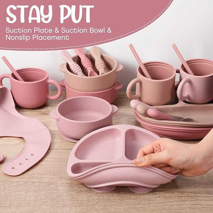 24 Pack Silicone Baby Feeding Set Baby LED Weaning Supplies Includes Suction Divided Plates Soft Bowl Spoons Forks Adjustable Bib Snack Cup and Straws(Dark Pink, Dusty Pink, Peach Color)
