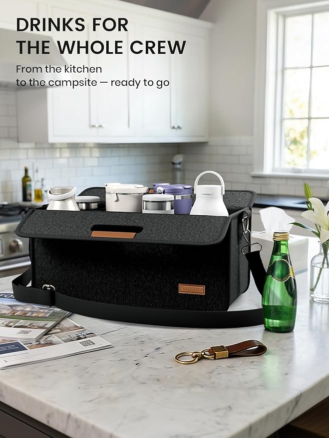 Fluxynara 8-Cup Reusable Felt Drink Carrier with Handle and Adjustable Shoulder Strap, Drink Holder for Car，Multi-Cup Drink Carrier Bag for Delivery, Travel, Picnics (Charcoal Gray)