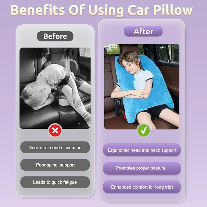 Car Pillow for Kids, Travel Pillow with Adjustable Strap, Kids Floor Pillows Cushions for Adults and Children to Support Head and Body Road Trip Essentials (Blue)