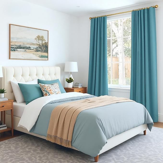 INOVADAY 100% Blackout Curtains for Bedroom, Black Out Curtains 90 Inch Long, Clip Rings Linen Blackout Drapes, Thermal Insulated Room Darkening for Living Room, 2 Panels - Teal,W50xL90