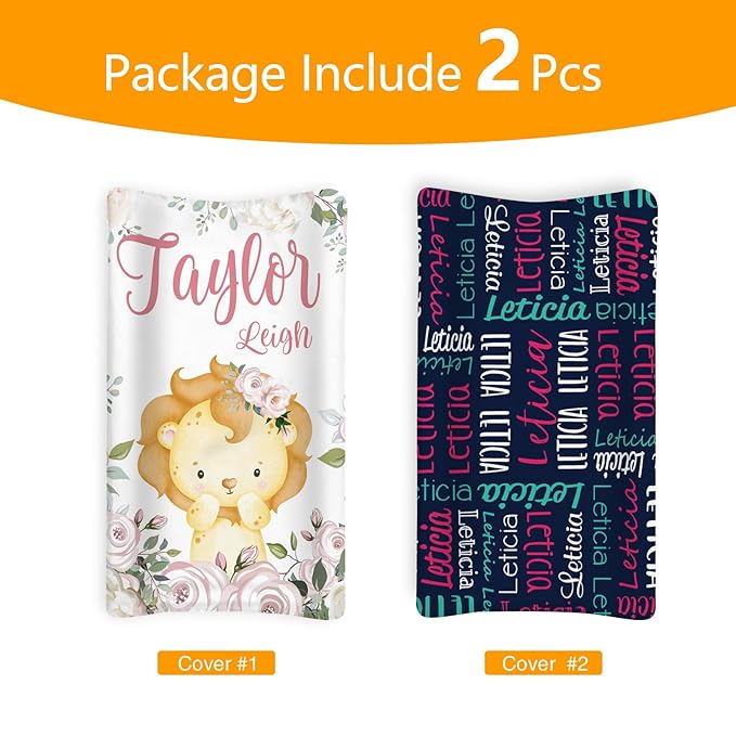 Custom Changing Pad Cover Set - Jersey Knit Ultra Soft Unisex Waterproof Diaper Changing Table Covers with Personalized Name for Baby Boys Girls - Comfy Cozy 2 Pcs Set Style02