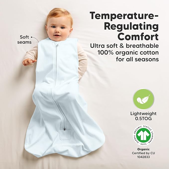 2-Pack Baby Sleep Sacks, Zipper Wearable Blanket - 0.5TOG Organic Cotton, Lightweight, Soft Cozy Infant Sleeping Sack 3-6 months, Easy to Wear Small Newborn Transition Swaddles Sleepsacks (Glacier)