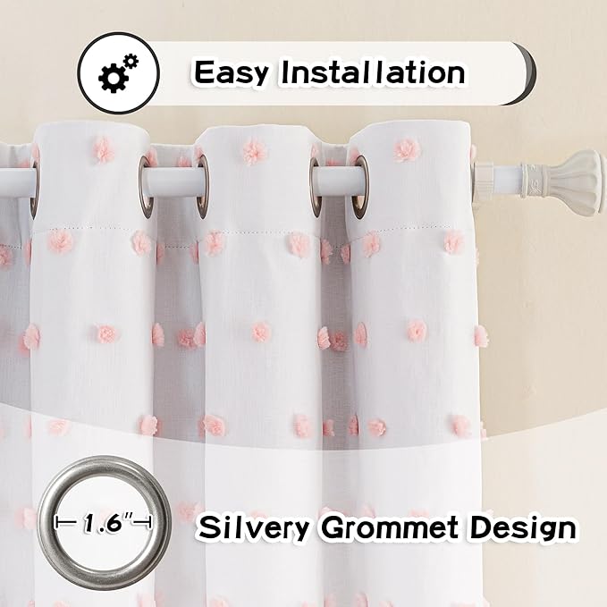 MYSKY HOME 100% Blackout Curtains for Girls Bedroom 80 Inch Long Total Light Blocking Curtains for Living Room 2 Panels Room Darkening Grommet Window Drapes with Pink Pom Pom Sheer 52W x 80L