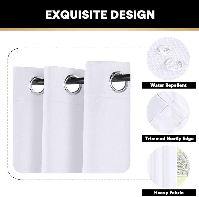 PrinceDeco Linen Texture Curtains for Bedroom Solid 100% Blackout Thermal Insulated with White Liner Room Darkening Curtains/Draperies for Living Room Nursery, Pearl White, 2 Pieces, W52 x L84