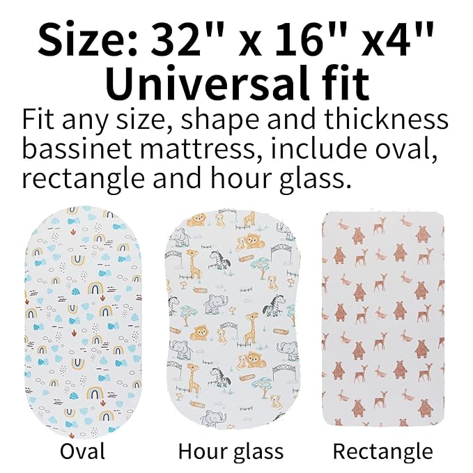 Onacosht Bassinet Sheets 3 Pack Fitted for Baby Boy and Girl, Stretchy Soft Knitted Baby Sheet Set Universal for Oval Rectangle and Hourglass Bassinet Mattress, Unisex Cute Animal Printing