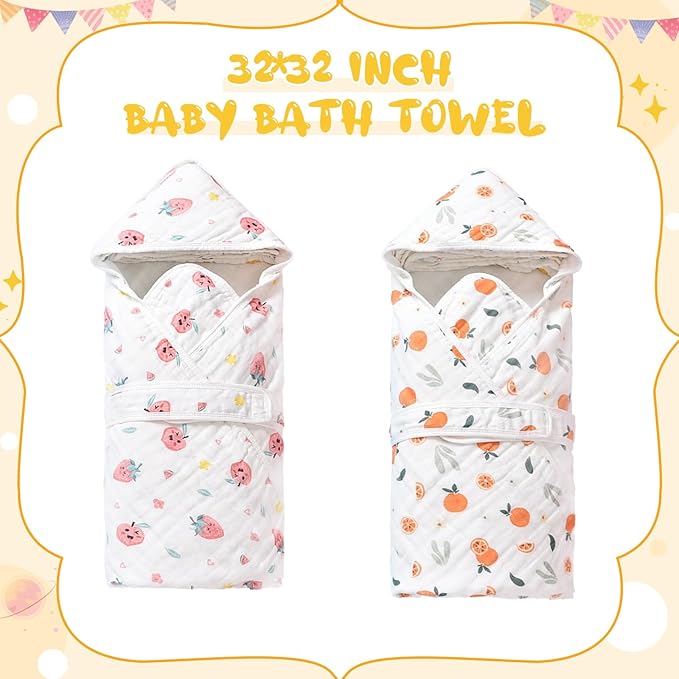 2 Pack Hooded Baby Bath Towels,Large 32"x 32",Cotton Baby Bath Towel with Hood for Infant Toddler and Kids, Soft and Absorbent,Unisex Baby Bath Essentials. (Strawberries/Oranges)