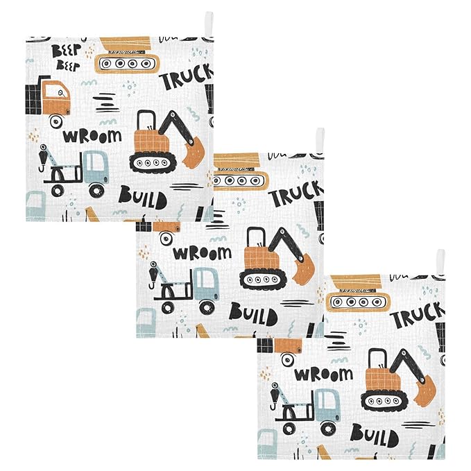 vvfelixl Building Equipment Construction Transpor Baby Burp Cloths, Baby Muslin Washcloths for Boys Girls, Cotton Baby Face Towel for Newborn Infants Soft and Absorbent 11.8 X 11.8 in, 5 Pack