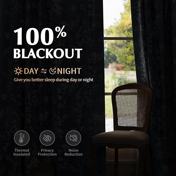 FMFUNCTEX 100% Blackout Floral Curtains for Bedroom, Blue Curtains 54 inch Length Blossom Flower Patterned for Living Room, Thermal Insulated Farmhouse Drapes, Grommet Top 2 Panels (White on Blue)