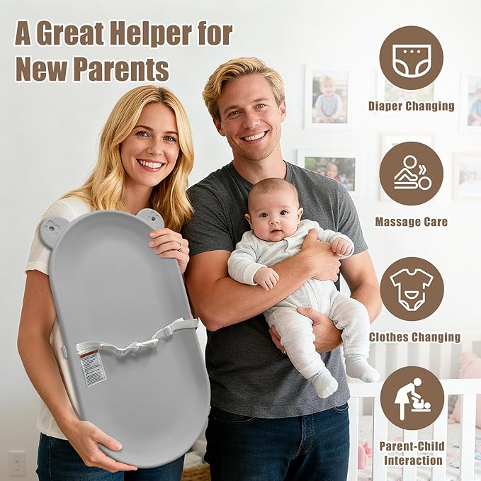 FLEUFAB Waterproof Baby Changing Pad, Lightweight and Portable Changing Table with Strap for Changing Diaper, Dresser, Changing Table, Bed, Wipeable Changing Pad, Grey