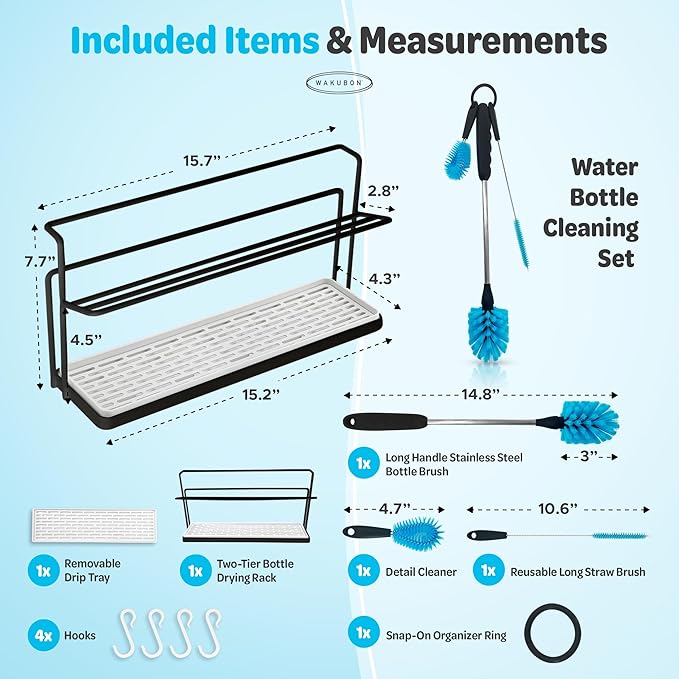 WAKUBON Bottle Drying Rack for Kitchen Countertop - Two-Tier for Water Bottles and Tumblers, Space-Saving Storage Stand with Drainage Tray, Includes Water Bottle Drying Rack Brush Cleaning Set (Black)
