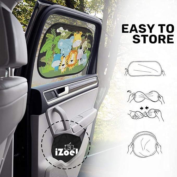 MOVINPE Car Sun Shade for Baby Kids 2 Pack Static Cling Side Window Car 80GSM Rear Sunshades Universal with 8 Suction Cups and Storage Bag - Sun Glare and UV Rays Protection (Cute Animals)